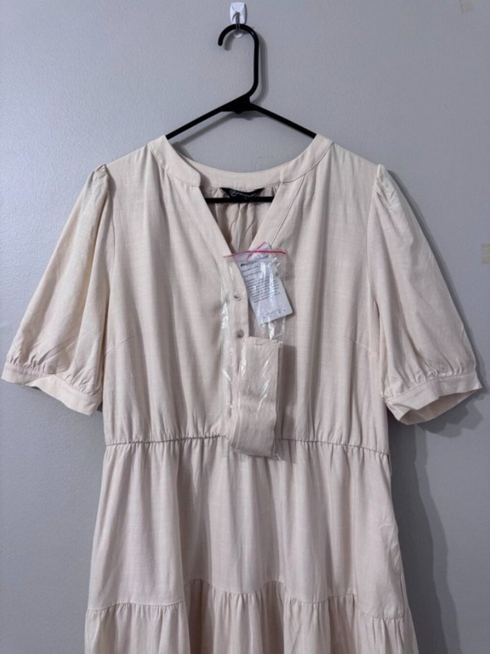 PRETTYGARDEN Cream Tiered Midi Dress Puff Sleeve Button Front Boho Size LargeNWT - Picture 2 of 5